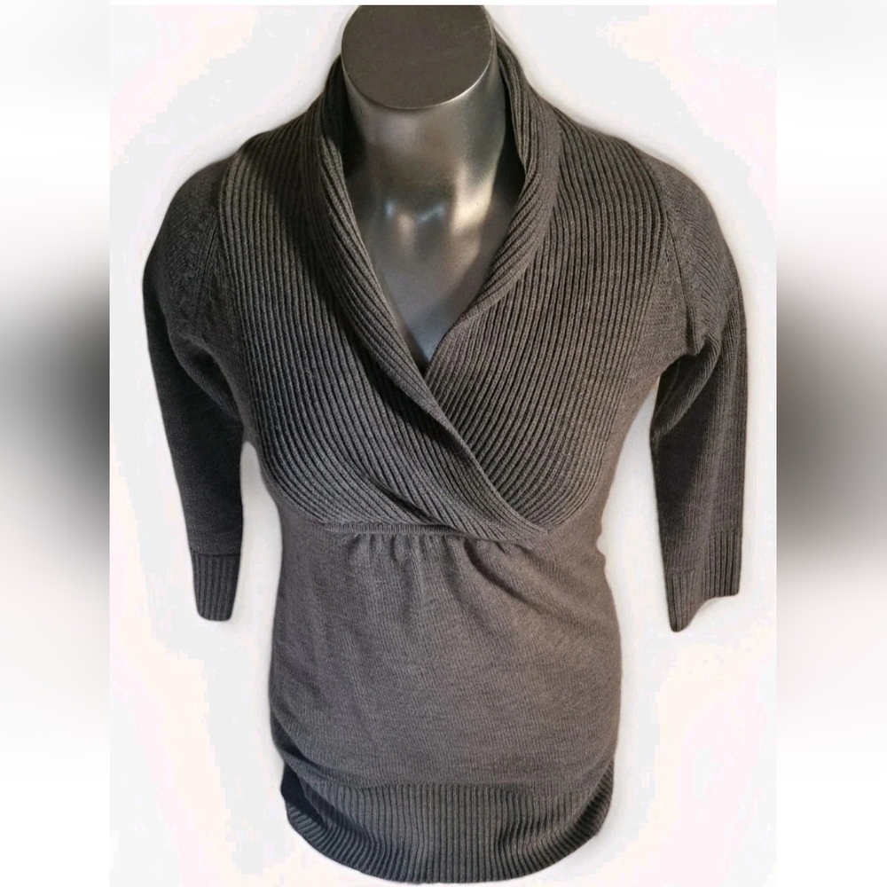 Y2K H&M Gray Crossover V-Neck Ribbed Knit Sweater Dress 3/4 Sleeves Size M